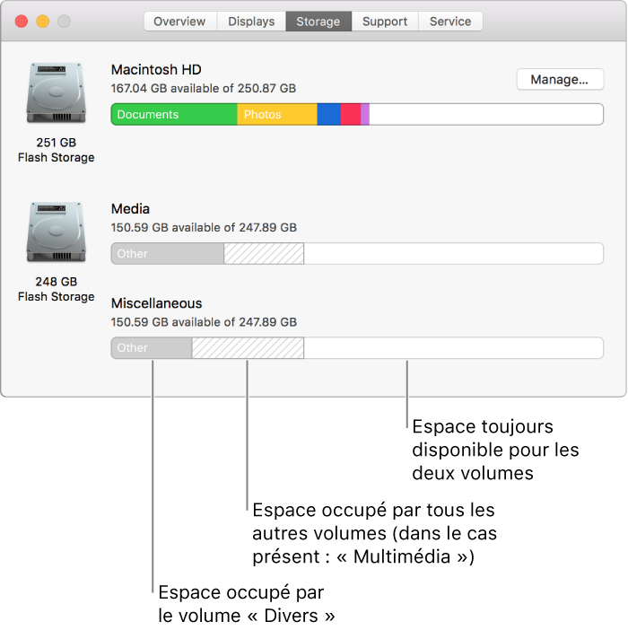 Un conteneur (partition) APFS unique avec deux volumes.