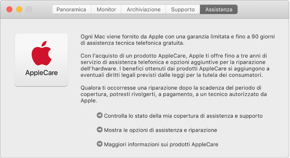 Il pannello Assistenza in Informazioni di sistema, che mostra le informazioni di assistenza AppleCare.