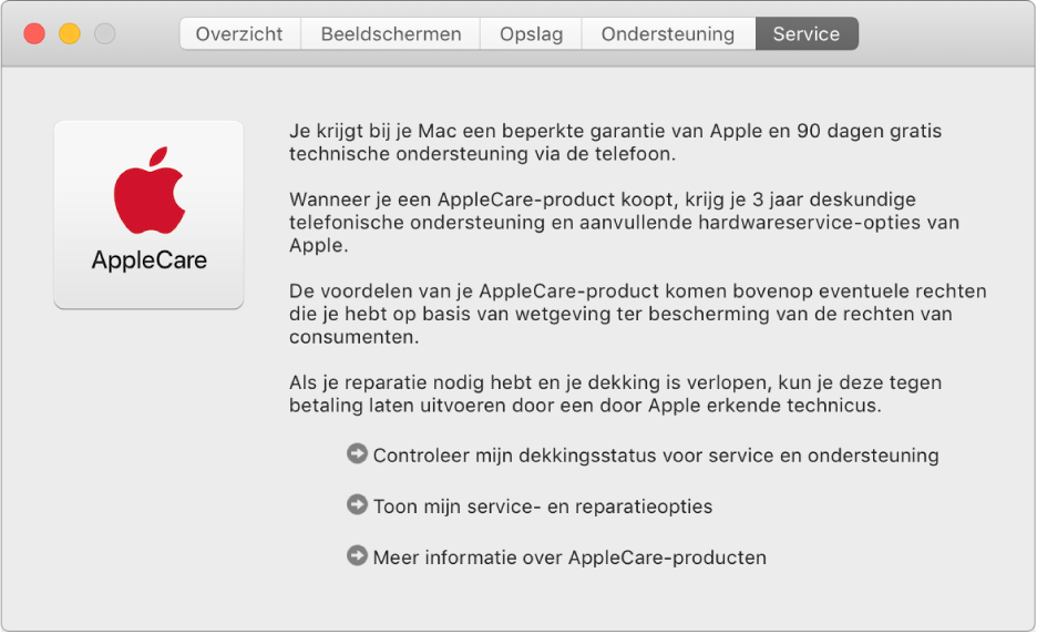 Het paneel 'Service' in Systeeminformatie, met de serviceopties van AppleCare.