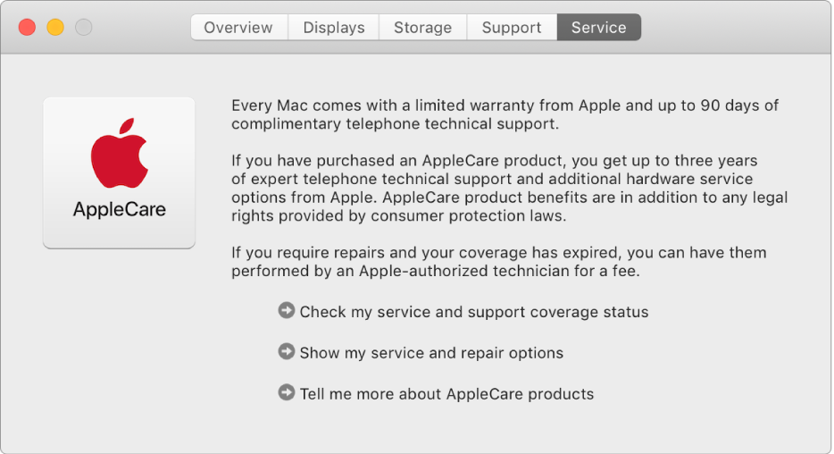 Service-panelet i Systeminformasjon, som viser servicevalgene for AppleCare.