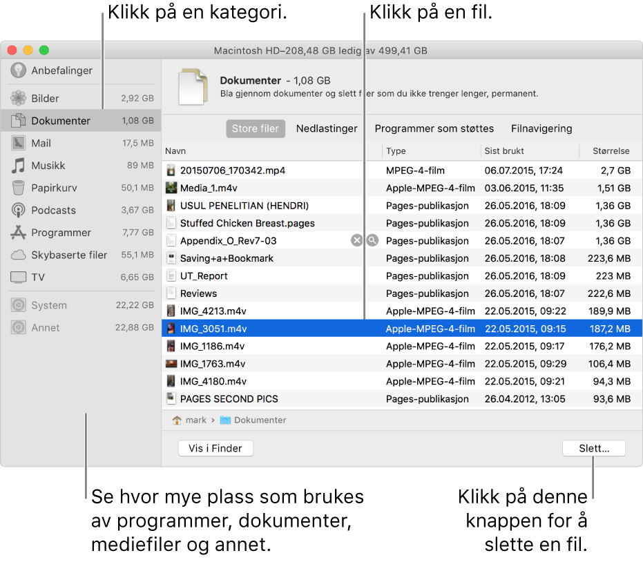 Bla gjennom filkategorier for å se hvor mye plass som brukes, for å finne filer og for å slette filer du ikke trenger lenger.