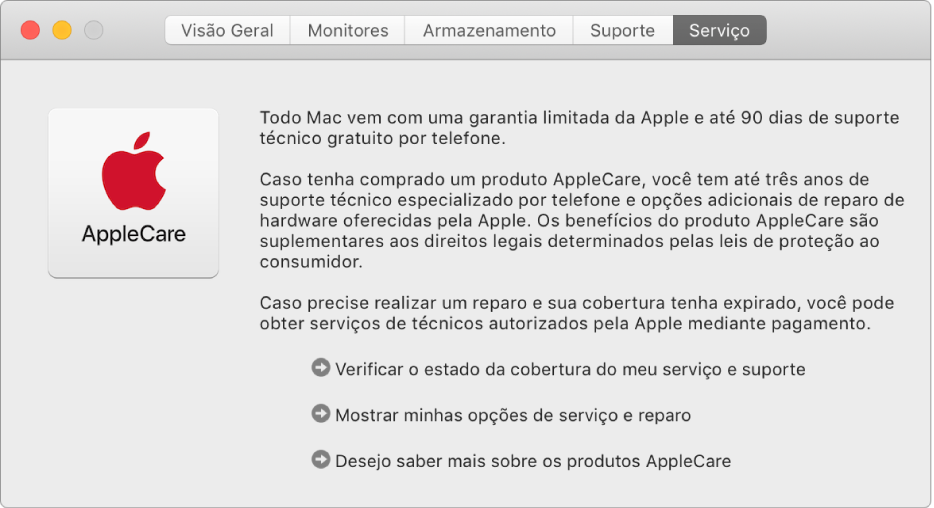 Painel Serviço das Informações do Sistema mostrando as opções de serviço AppleCare.