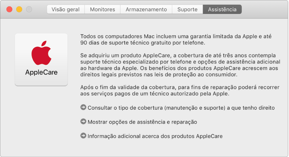 O painel Assistência, na Informação do Sistema, a mostrar as opções de assistência AppleCare.