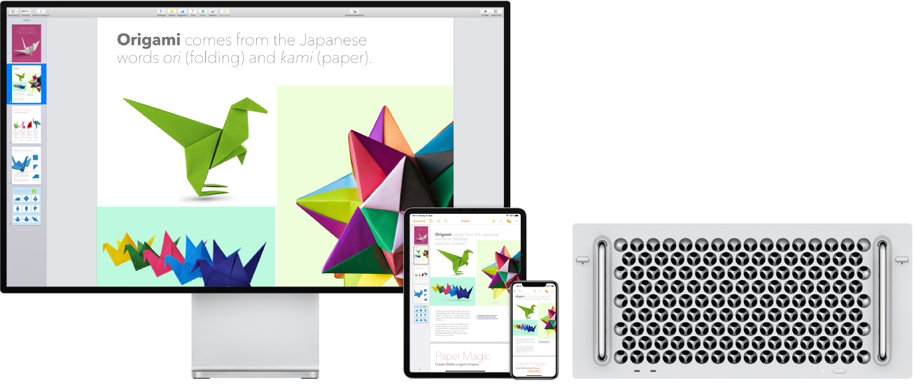 Auf einem iPad, iPhone und Mac Pro wird der identische Inhalt angezeigt.