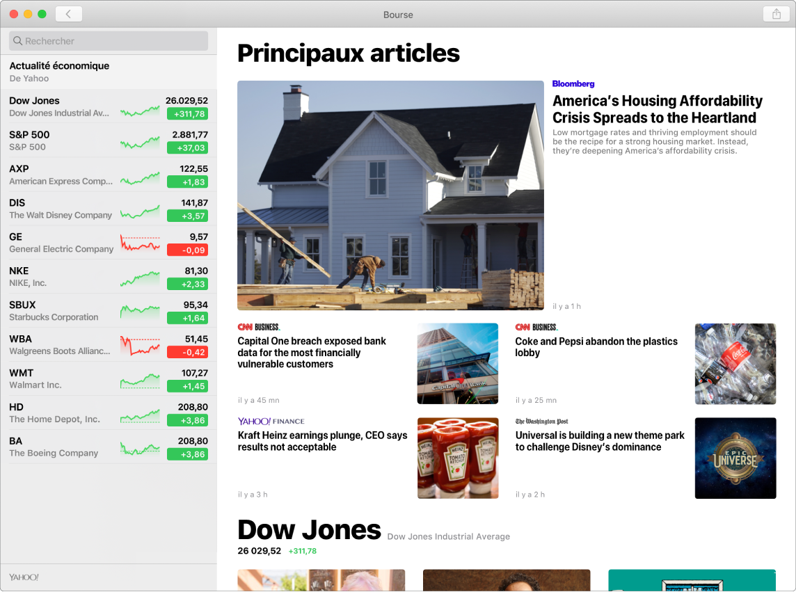 Le tableau de bord de Bourse affichant les cours du marché dans une liste de suivi, accompagnés de « Meilleurs articles ».
