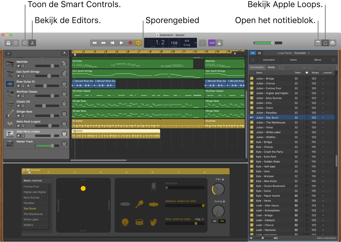 Een GarageBand-venster met daarin de knoppen voor toegang tot slimme besturingselementen, editors, notities en Apple Loops. Ook het gebied met tracks wordt weergegeven.
