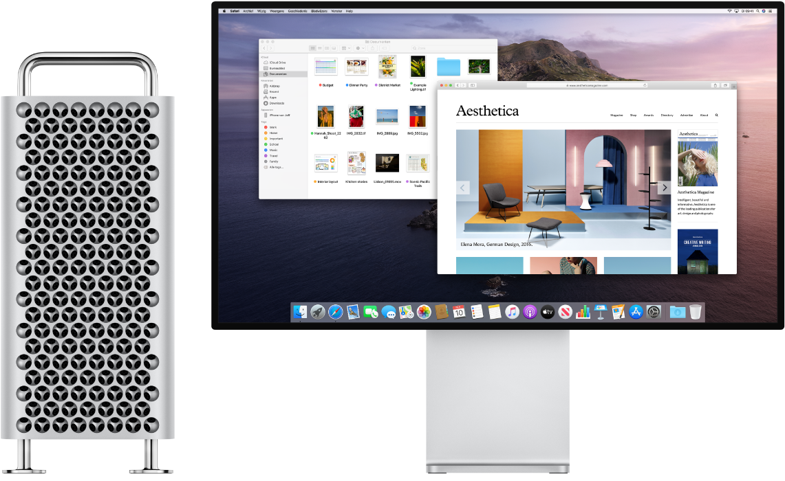 Mac Pro-tower en Pro Display XDR naast elkaar.