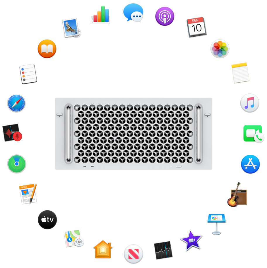 En Mac Pro omgitt av symbolene for programmene som følger med, og som beskrives i de neste delene.