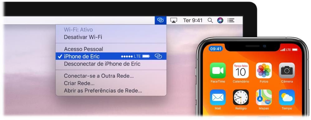 Tela do Mac com o menu Wi-Fi, mostrando um Acesso Pessoal conectado a um iPhone.