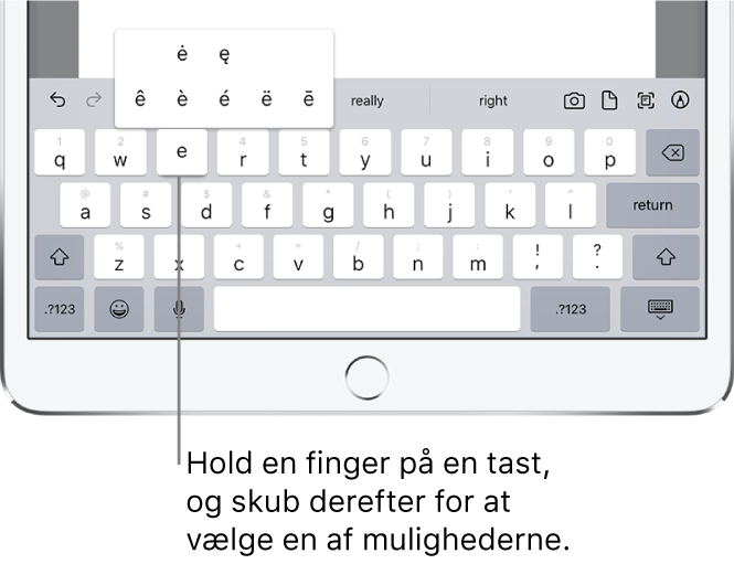 Skærm, der viser andre accenttegn til tasten e.