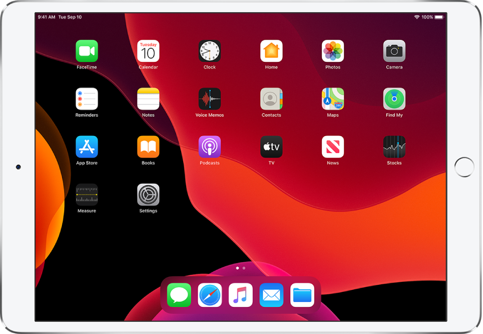 The iPad Home screen with Dark Mode turned on.