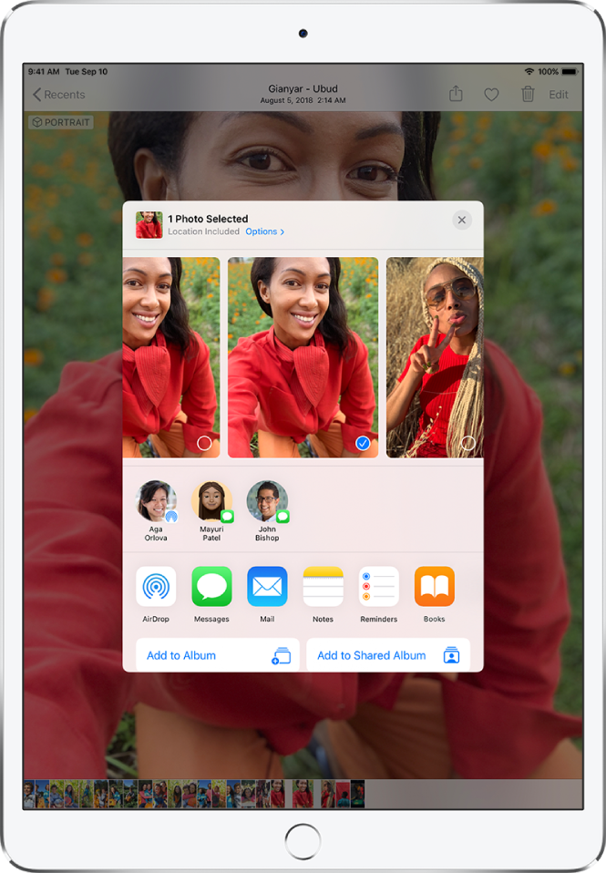 The Sharing screen with photos across the top; one photo is selected, indicated with a white checkmark in a blue circle. The row beneath the photos shows friends you can share with using AirDrop. Below that are other sharing options, including, from left to right, Messages, Mail, Shared Albums, Add to Notes, Save PDF to Books, and More. In the bottom row are the Copy, Save to Files, Copy iCloud Link, Slideshow, AirPlay, Add to Album, Use as Wallpaper, Hide, Duplicate, Assign to Contact, Print, and More buttons.