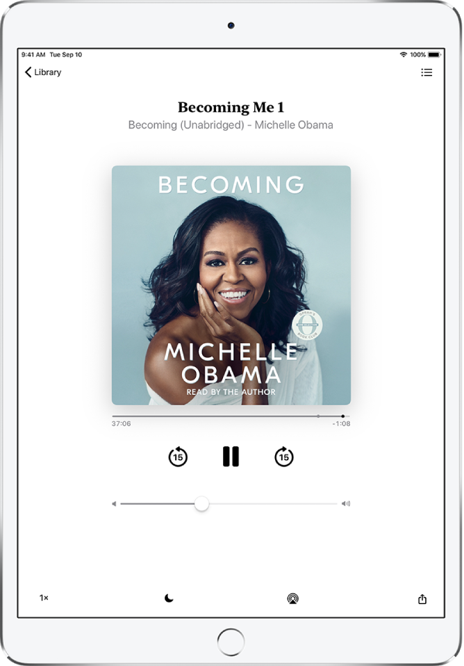 The audiobook player screen showing the audiobook cover in the center. Above the cover are the track number, audiobook name, and author. Below the cover are the playhead, play, pause, and skip back and skip forward controls. At the bottom of the screen, from left to right, are the Playback Speed button, Sleep Timer button, Playback Destination button, and Share button. The Track List button is at the top right and the Close button is at the top left.