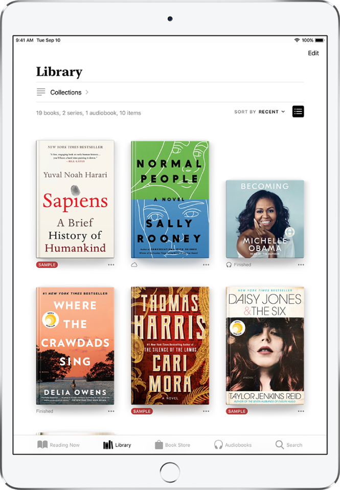 The Library screen in the Books app. At the top of the screen is the Collections button and sorting options. The sort option Recent is selected. In the middle of the screen are covers of books in the library. At the bottom of the screen are, from left to right, the Reading Now, Library, Book Store, Audiobooks, and Search tabs.