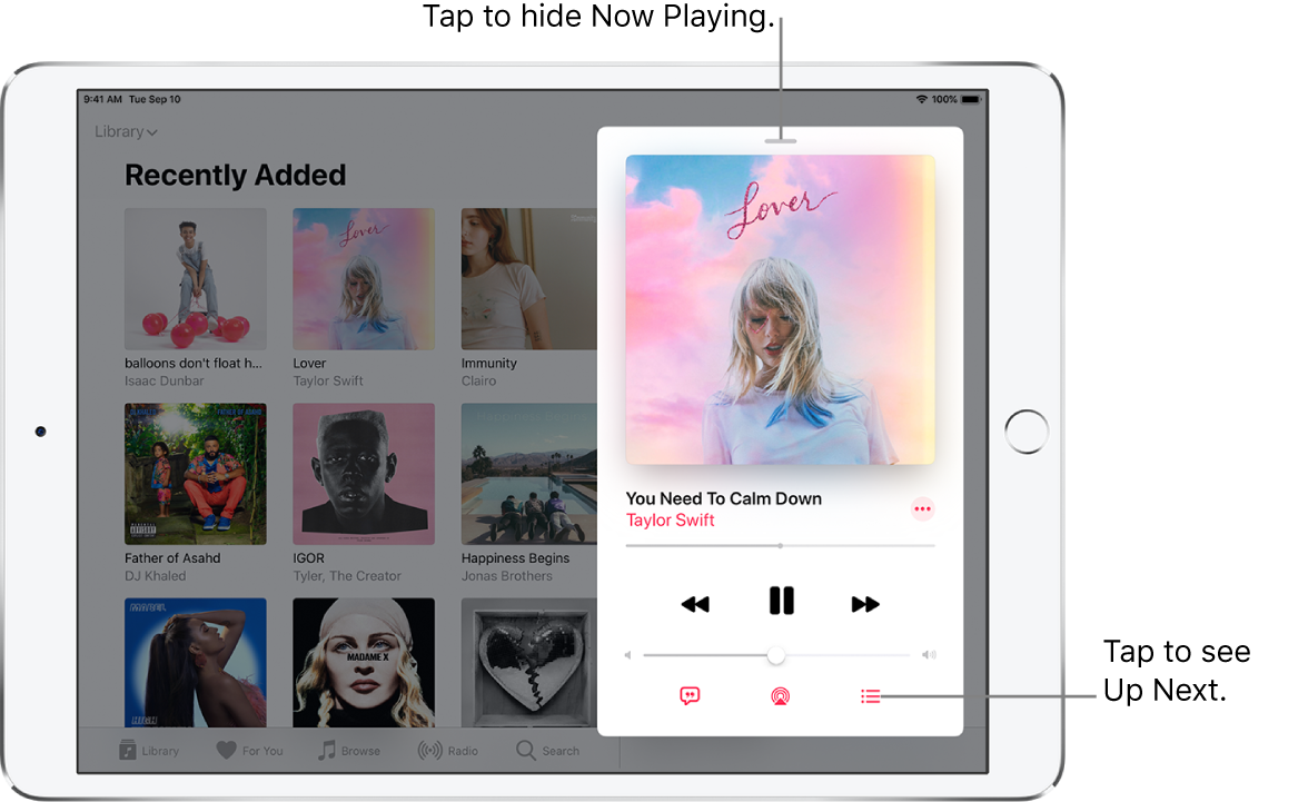 The Now Playing screen showing the album art. Below are the song title, artist name, More button, playhead, play controls, Volume slider, Lyrics button, Playback Destination button, and Up Next button. The Hide Now Playing button is at the top.