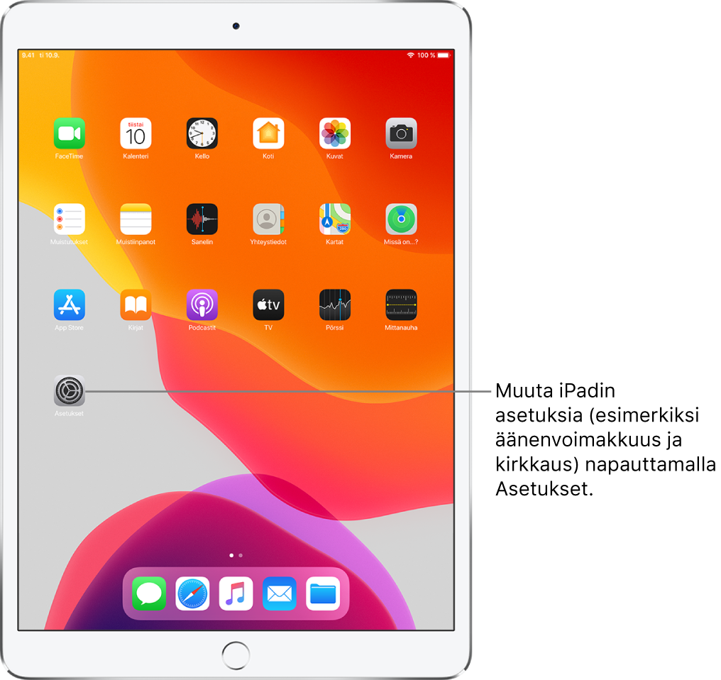 iPadin Koti-valikko, jossa näkyy useita kuvakkeita, muun muassa Asetukset-kuvake, jota napauttamalla voit muuttaa esimerkiksi iPadin äänenvoimakkuutta ja näytön kirkkautta.