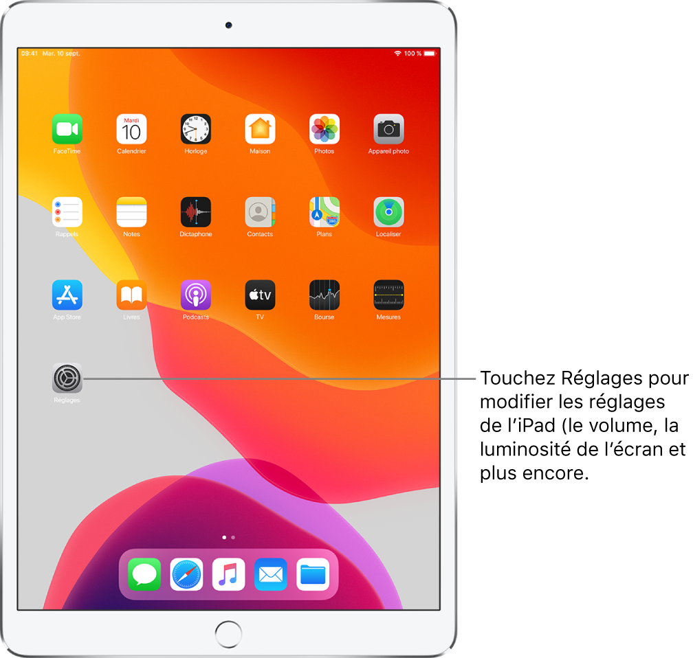 L’écran d’accueil de l’iPad avec plusieurs icônes, notamment l’icône Réglages, que vous pouvez toucher pour modifier le volume, la luminosité de l’écran et d’autres réglages de votre iPad.