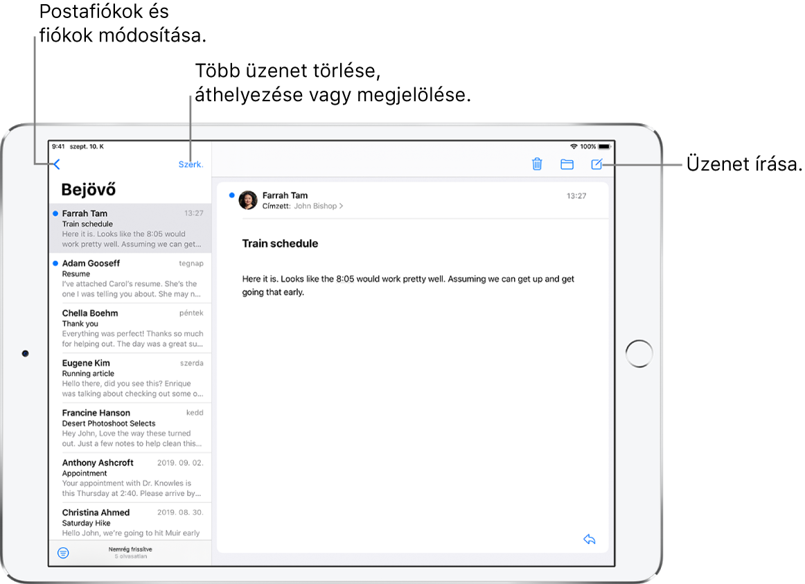 A Mail bejövő postafiókja, a bal oldalon az e-mailek listájával, a jobb oldalon pedig egy megnyitott e-mail-szállal. A másik postafiókra történő átváltáshoz használható Postafiókok gomb a bal felső sarokban található. A bal alsó sarokban lévő gombbal szűrheti az e-mail üzeneteket, hogy csak meghatározott típusú e-mailek jelenjenek meg. Az új e-mail létrehozására szolgáló gomb a jobb felső sarokban található.