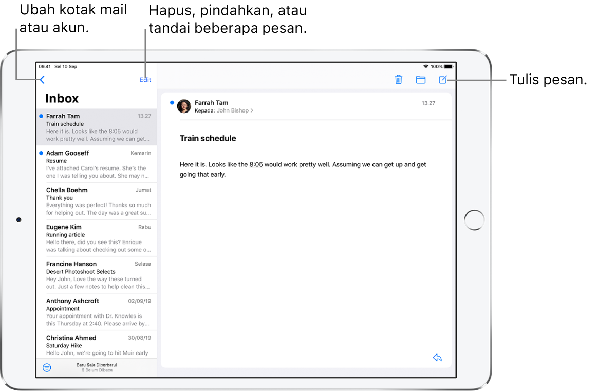 Inbox Mail dengan daftar email di sebelah kiri, dan topik email yang terbuka di sebelah kanan. Tombol Kotak Mail untuk beralih ke kotak mail lain berada di pojok kiri atas. Tombol untuk memfilter email sehingga hanya email jenis tertentu yang dimunculkan berada di pojok kiri bawah. Tombol untuk menulis email baru berada di pojok kanan atas.