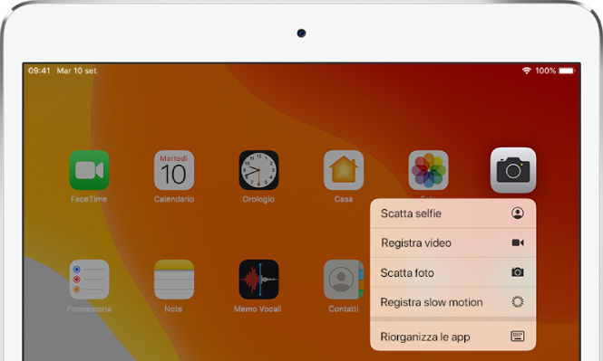 Il menu delle azioni rapide della fotocamera visualizzato sotto l'app della fotocamera.