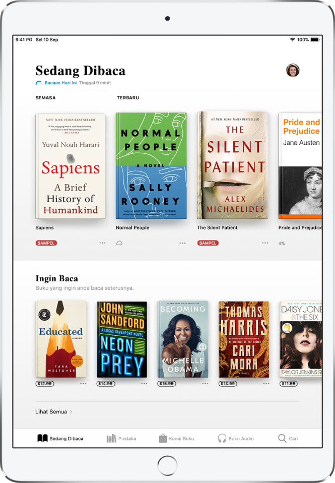 Skrin dalam app Buku. Di bahagian bawah skrin ialah, dari kiri ke kanan, tab Sedang Dibaca, Pustaka, Kedai Buku, Buku Audio dan Cari—tab Sedang Dibaca dipilih. Di bahagian atas skrin ialah bahagian Sedang Dibaca, yang menunjukkan buku yang sedang dibaca. Di bawah ialah bahagian Ingin Baca, yang menunjukkan buku yang anda mahu baca.