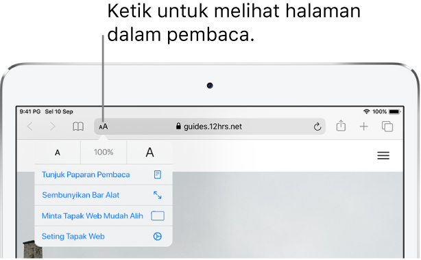 Bar alat Safari, dengan butang Pembaca di sebelah kiri medan alamat.