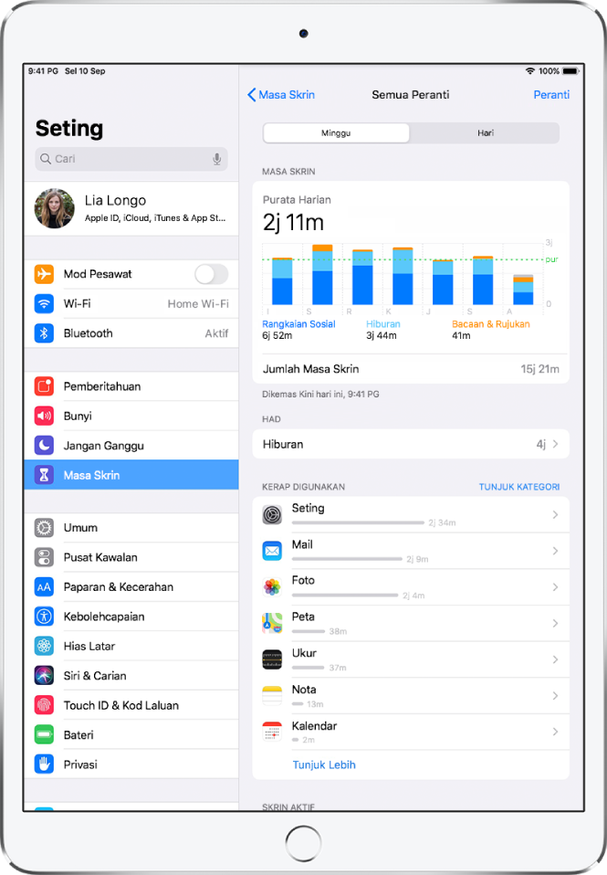 Laporan Mingguan Masa Skrin, menunjukkan jumlah masa yang diluangkan pada app, mengikut kategori dan mengikut app.