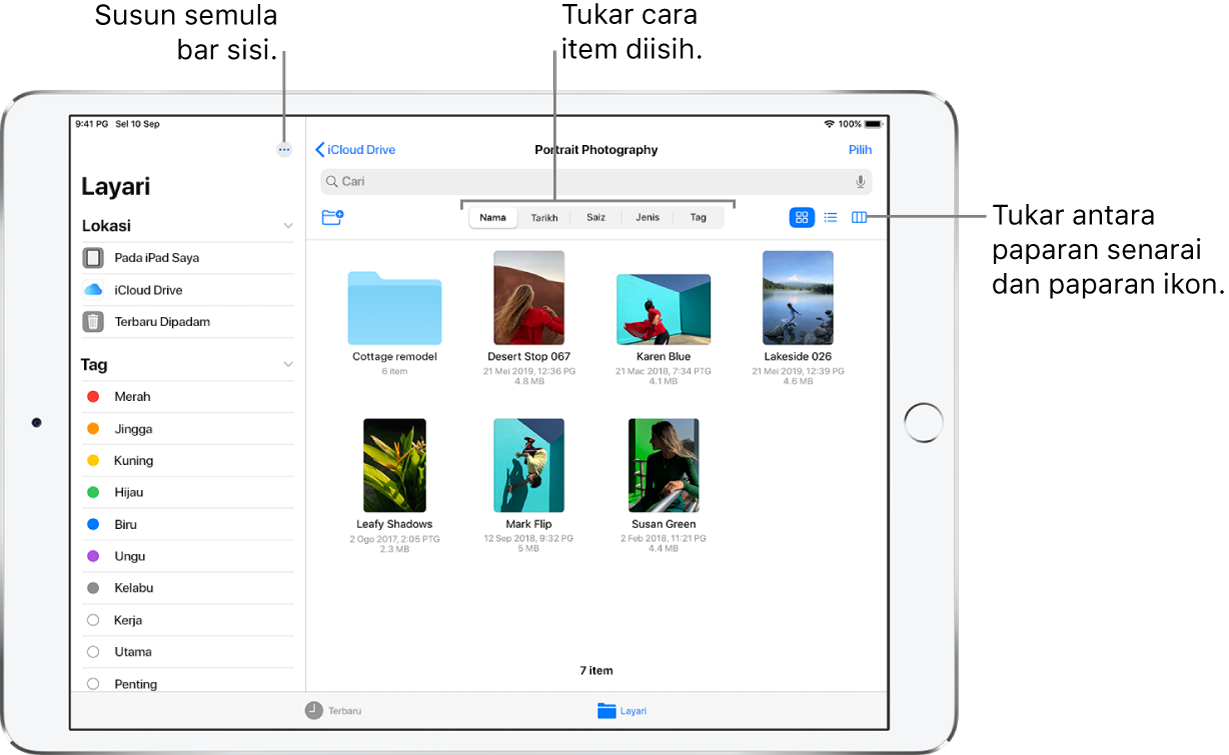 Lokasi iCloud Drive menunjukkan butang untuk menyusun semula, untuk mengisih mengikut Nama, Tarikh, Saiz dan Tag, serta untuk menukar antara paparan senarai dan ikon.