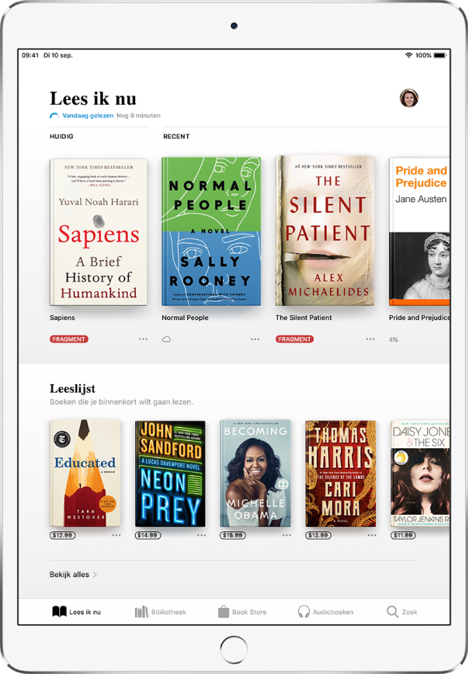 Een scherm in de Boeken-app. Onder in het scherm staan van links naar rechts de tabbladen 'Lees ik nu', 'Bibliotheek', 'Book Store', 'Audioboeken' en 'Zoek'. Het tabblad 'Lees ik nu' is geselecteerd. Boven in het scherm bevindt zich het gedeelte 'Lees ik nu', waarin de boeken worden weergegeven die nu worden gelezen. Daaronder bevindt zich het gedeelte 'Leeslijst' waarin boeken worden weergegeven die je mogelijk wilt lezen.