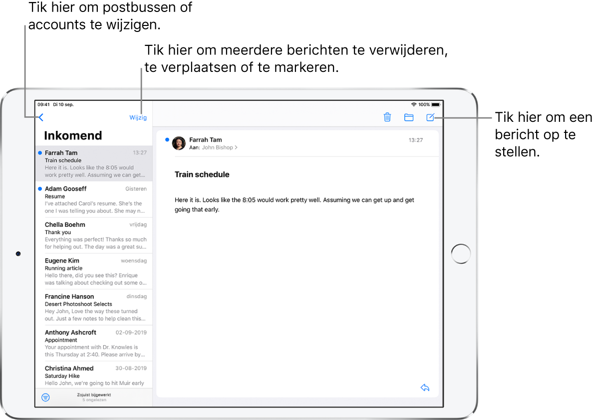 De postbus 'Inkomend' van Mail, met links een lijst met e‑mails en rechts een geopende berichtenreeks. Linksbovenin zie je de postbusknop waarmee je naar een andere postbus kunt gaan. Linksonderin zie je de filterknop, waarmee je kunt instellen dat alleen bepaalde e-mails worden weergegeven. Rechtsbovenin zie je de knop voor het opstellen van een nieuwe e‑mail.