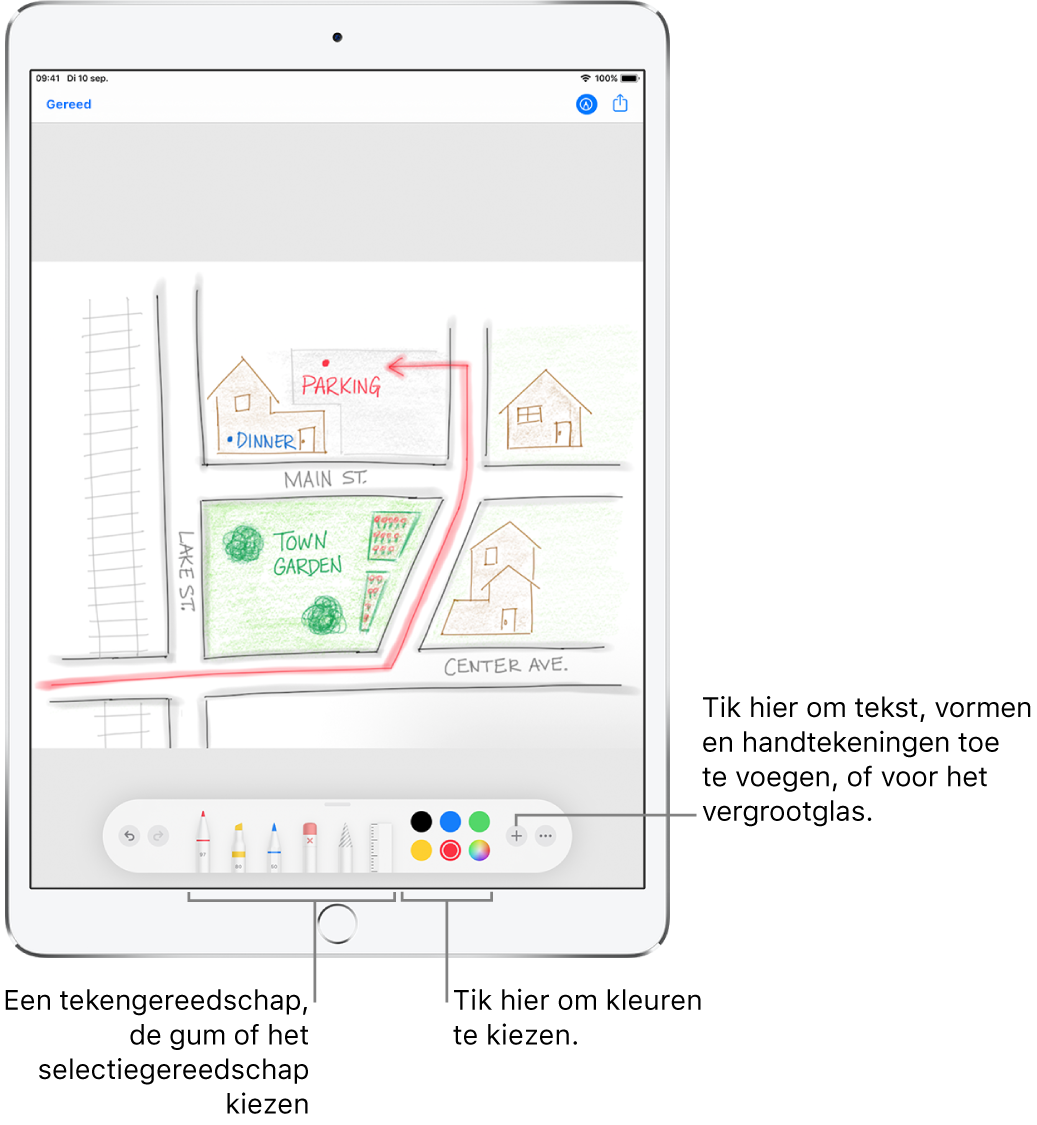 Een afbeelding in het venster 'Markeringen'. Onder de afbeelding zie je van links naar rechts de knoppen voor de annotatiegereedschappen: tekenpennen, gum, selectiegereedschap en kleuren; knoppen voor het toevoegen van een tekstvak, je handtekening en vormen; en een knop voor het vergrootglas.
