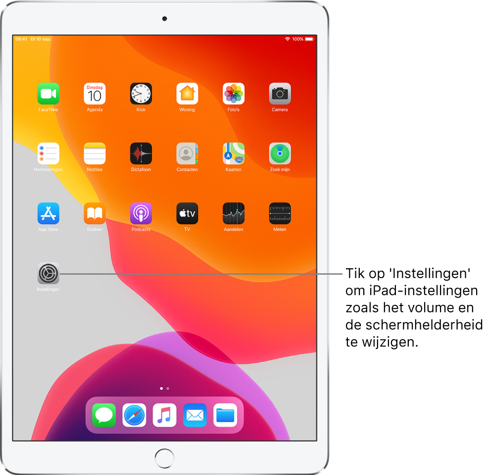 Het iPad-beginscherm met diverse symbolen, zoals het Instellingen-symbool, waarop je kunt tikken om het volume, de schermhelderheid en andere iPad-instellingen te wijzigen.