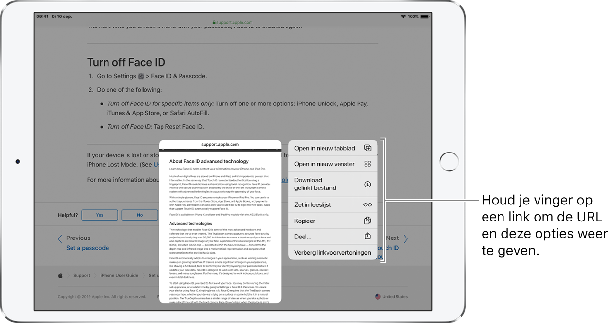 Een overlay met het adres van de koppeling en een lijst met mogelijke acties: 'Open', 'Open in nieuw tabblad', 'Open in Split View', 'Zet in leeslijst', 'Kopieer' of 'Deel'.