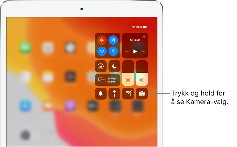Kontroller for flymodus, mobildata, Wi-Fi og Bluetooth i gruppen øverst til venstre i Kontrollsenter på Wi-Fi + Cellular-modeller. En bildetekst til Kamera-kontrollen om å trykke og holde på Kamera-symbolet (nederst til høyre) for å se flere valg i Kamera.