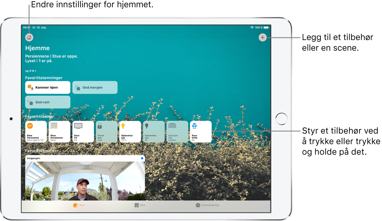 Hjem-fanen. Øverst er en oppsummering av hjemmets status. Under det er stemninger og tilbehør som er merket som favoritter. Nederst er Rom- og Automatisering-fanene.