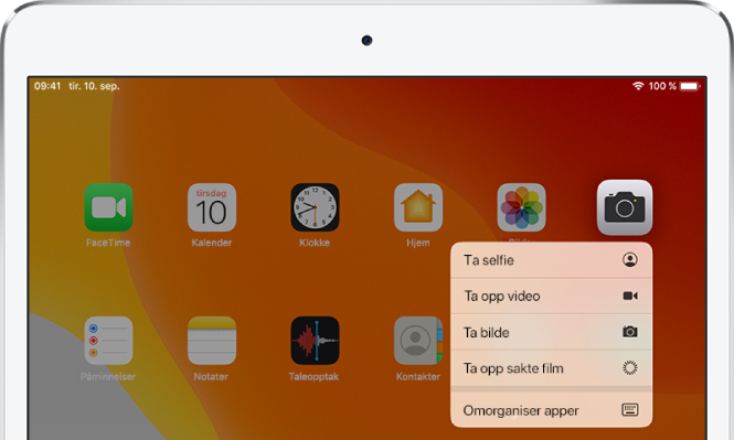 Hurtigmenyen for Kamera vises under Kamera-appen.