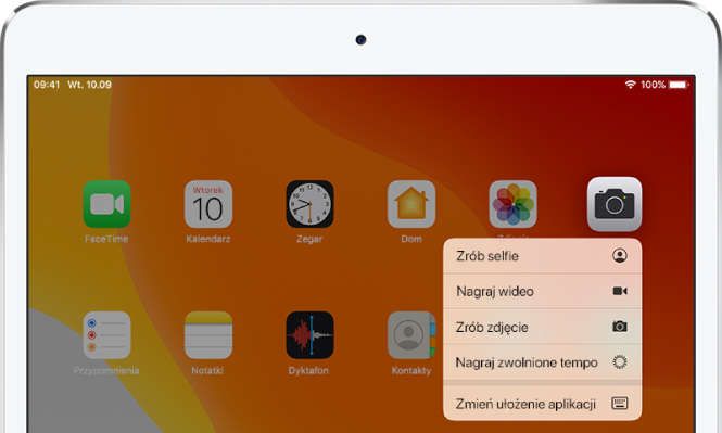 Menu szybkich czynności pod ikoną aplikacji Aparat.