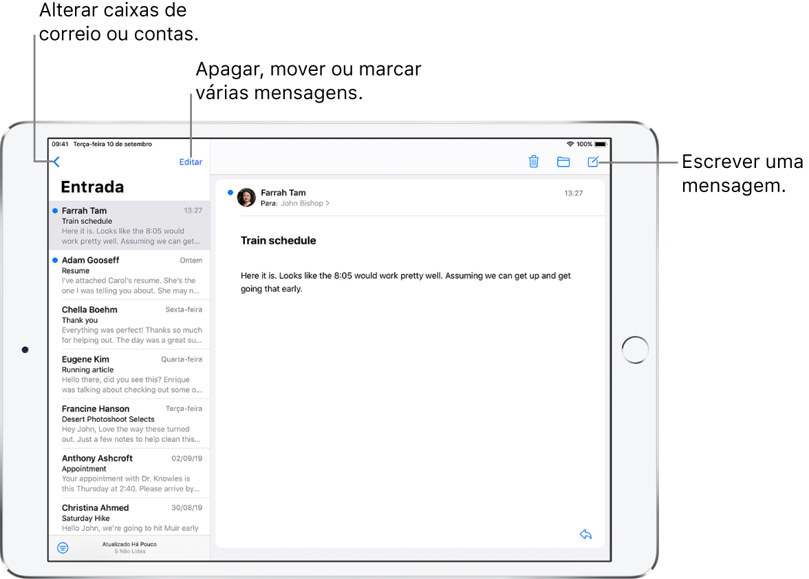 Caixa de Entrada do Mail com a lista de e‑mails à esquerda e uma conversa aberta à direita. O botão Caixas de Correio para mudar para outra caixa de entrada encontra-se no canto superior esquerdo. O botão para filtrar e‑mails para que apenas certos tipos de e‑mails sejam mostrados encontra-se no canto inferior esquerdo. O botão para redigir um novo e‑mail se encontra no canto superior direito.