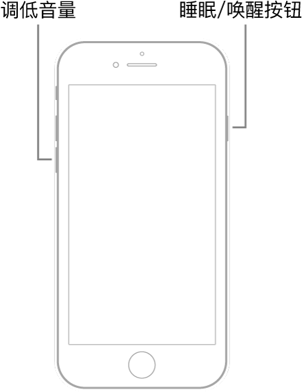 iPhone 7 插图,屏幕朝上。调低音量按钮显示在设备左侧,睡眠/唤醒按钮显示在右侧。