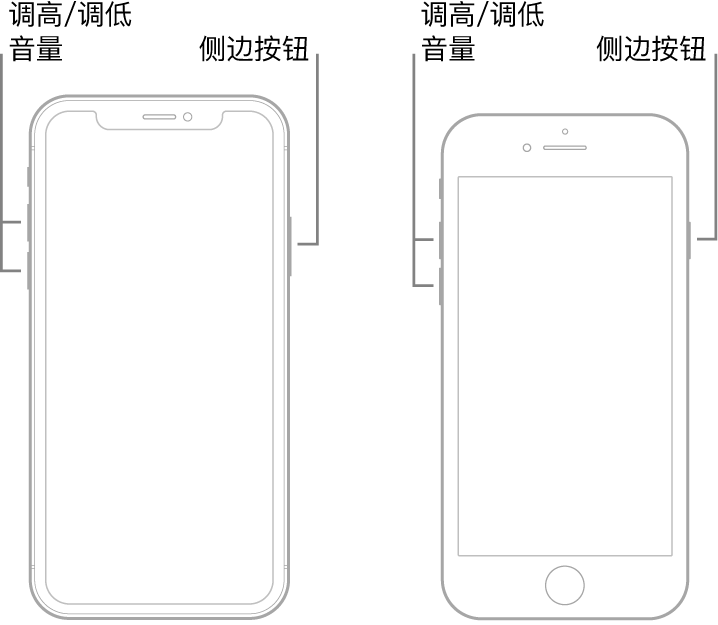 两种机型的 iPhone 插图,屏幕均朝上。最左侧机型无主屏幕按钮,最右侧机型的设备底部附近有主屏幕按钮。两种机型的调高音量按钮和调低音量按钮都显示在设备左侧,侧边按钮都显示在右侧。