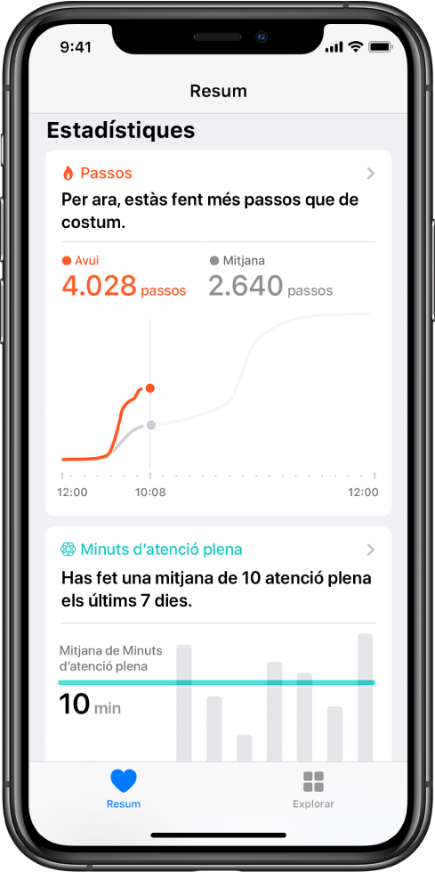 Pantalla resum a l’app Salut que mostra els ressaltats dels passos fets aquell dia. El ressaltat diu: “Per ara, estàs fent més passos que de costum”. A sota del ressaltat hi ha un gràfic que mostra els 4.028 passos que ha fet l’usuari fins ara durant el dia actual, en comparació amb els 2.640 passos fets a la mateixa hora del dia anterior. A sota del gràfic hi ha informació sobre els minuts d’atenció plena. El botó Resum es troba a l’angle inferior esquerre, i el botó Explorar a l’angle inferior dret.