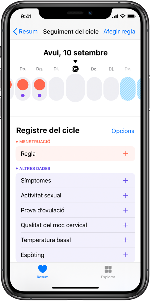 Pantalla “Seguiment del cicle” a l’app Salut.