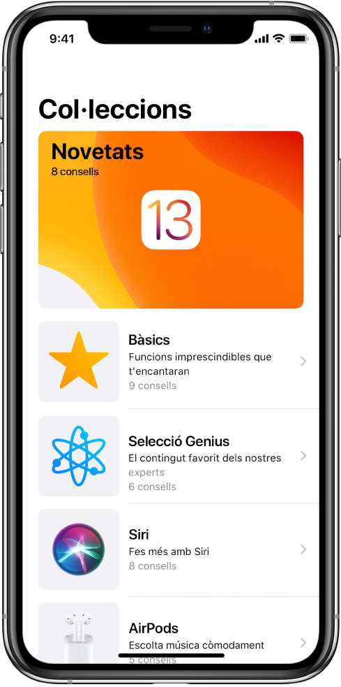 Pantalla que mostra col·leccions de consells amb fletxes cap a la dreta que indiquen que pots tocar una col·lecció per veure els consells que conté.