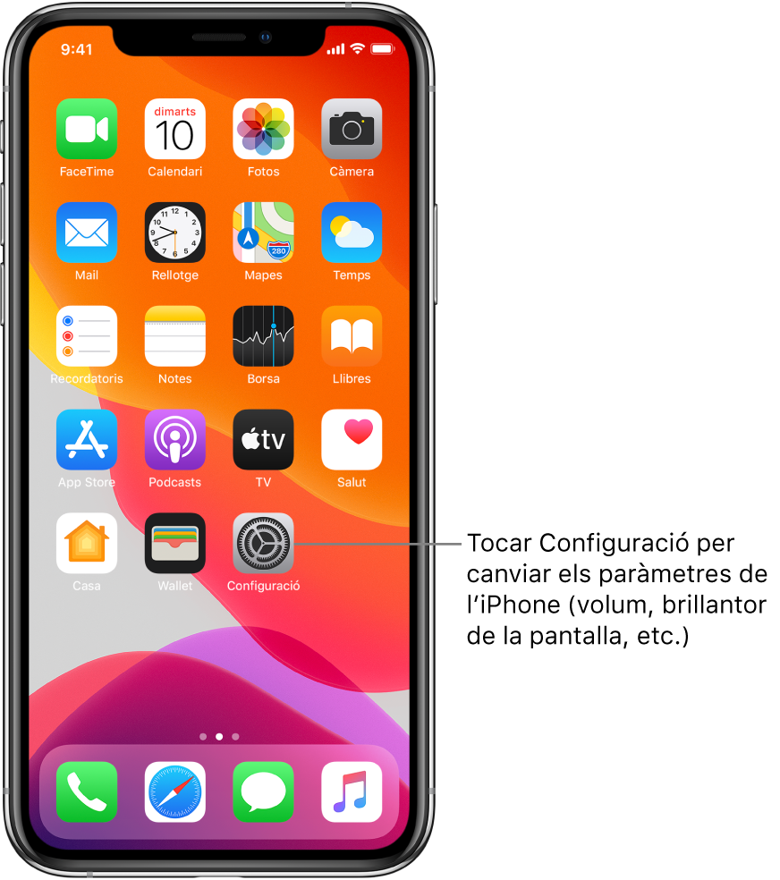 Pantalla d’inici amb diverses icones, inclosa la de l’app Configuració, que pots tocar per canviar el volum del so, la brillantor de pantalla i molts paràmetres més de l’iPhone.