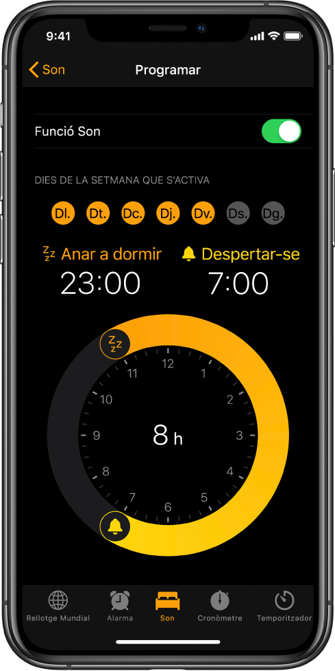 Botó Son seleccionat a l’app Rellotge, que mostra l’hora d’anar a dormir que comença a les 23:00 i l’hora de despertar-se, a les 7:00.