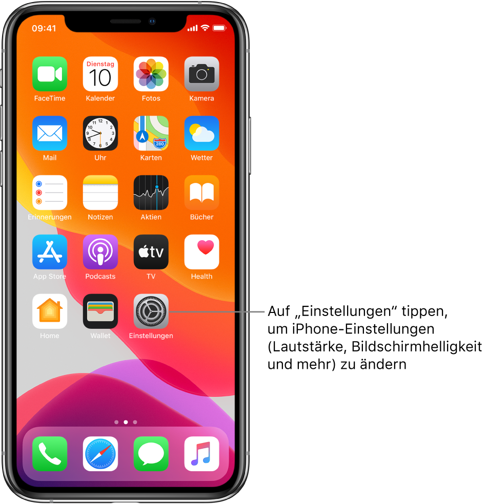 Der Home-Bildschirm mit mehreren Symbolen, unter anderem mit dem Symbol der App „Einstellungen“, in der du Einstellungen wie die Lautstärke und die Bildschirmhelligkeit für das iPhone ändern kannst.