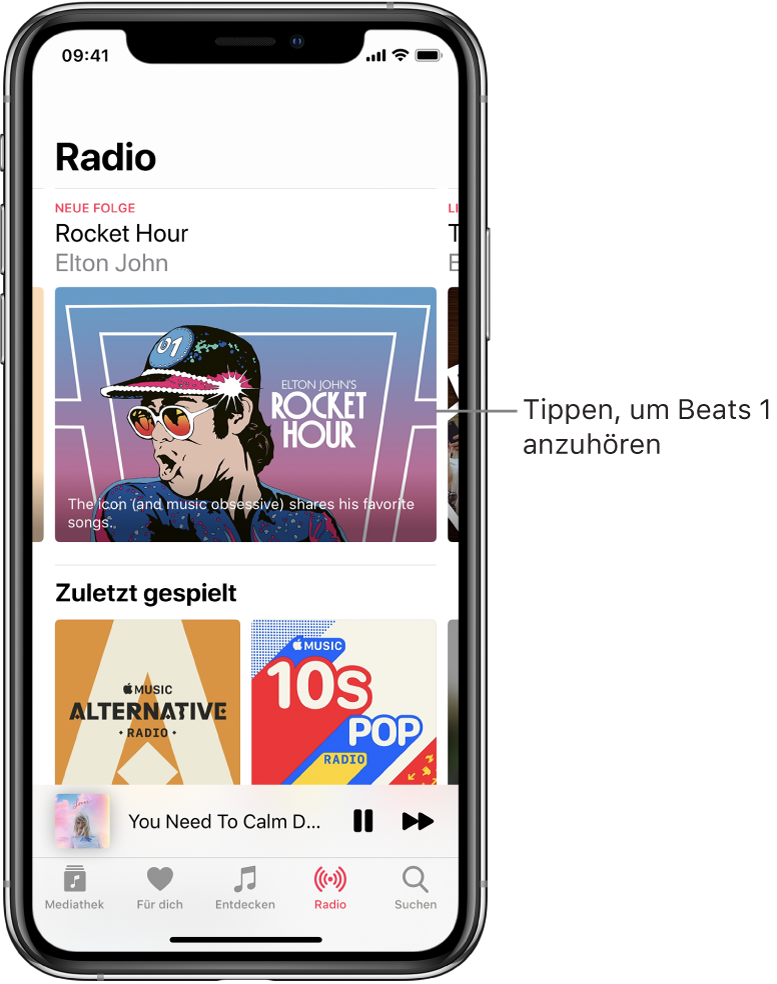 Der Bildschirm „Radio“ mit dem Sender Beats 1 oben. Darunter werden die kürzlich gespielten Inhalte angezeigt.