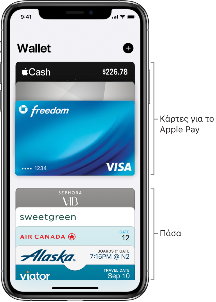 Η οθόνη Wallet στην οποία εμφανίζεται το πάνω μέρος αρκετών πιστωτικών και χρεωστικών καρτών και πάσων.