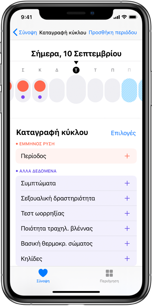 Η οθόνη Παρακολούθησης κύκλου όπου εμφανίζεται η γραμμή χρόνου για μια εβδομάδα στο πάνω μέρος της οθόνης. Ενιαίοι κόκκινοι κύκλοι επισημαίνουν τις πρώτες τρεις μέρες, ενώ οι δύο τελευταίες μέρες είναι επισημασμένες με ανοιχτό μπλε χρώμα. Κάτω από τη γραμμή χρόνου υπάρχουν επιλογές για προσθήκη επιπλέον πληροφοριών για περιόδους, συμπτώματα, και πολλά άλλα.