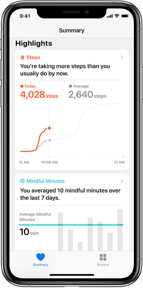 The Summary screen in the Health app showing highlights for steps taken that day. The highlight reads, “You’re taking more steps than you usually do by now.” A chart below the highlight shows 4,028 steps so far today, compared to 2,640 steps for the same time yesterday. Below the chart is information about mindful minutes spent. The Summary button is at the lower left, and the Browse button is at the lower right.